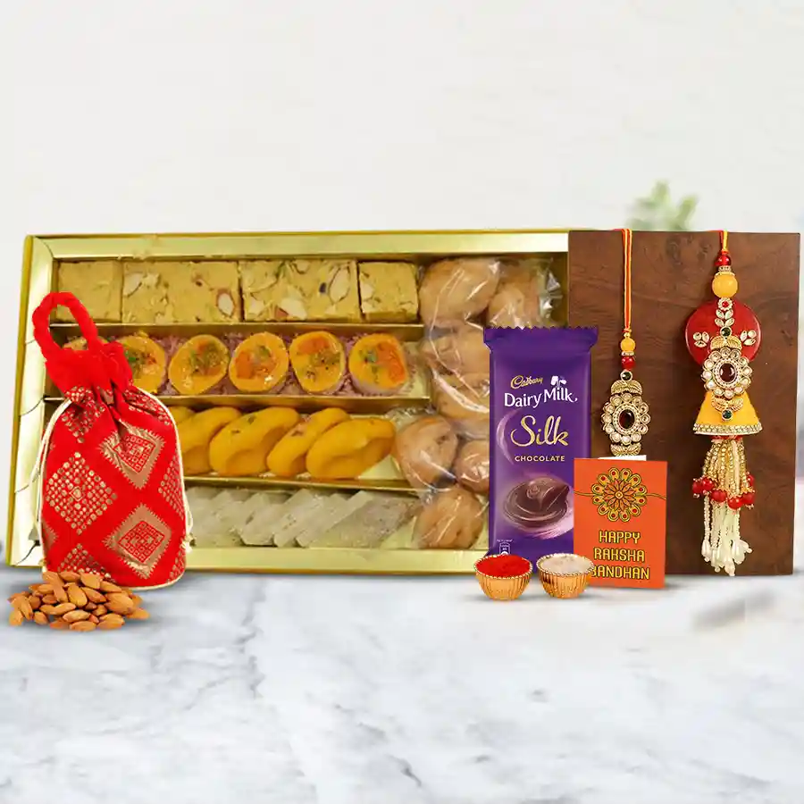Attractive Bhaiya Bhabhi Rakhi with Sweets N Gifts Combo