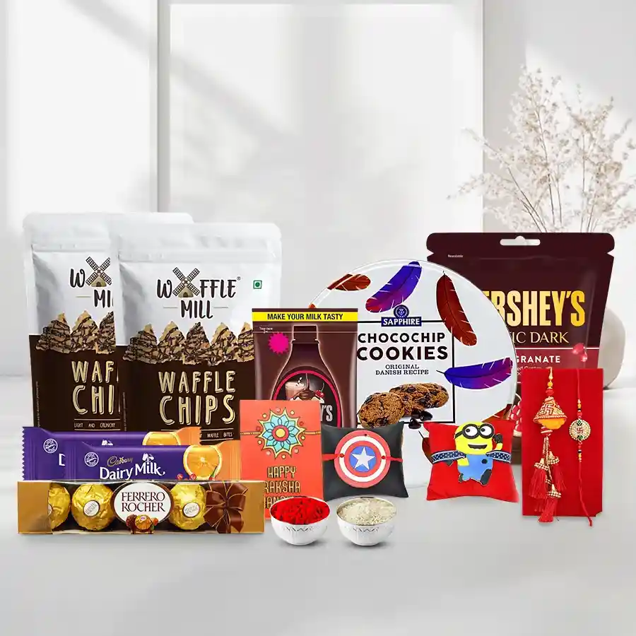 Toothsome Chocolaty Snacks Basket n Family Rakhi