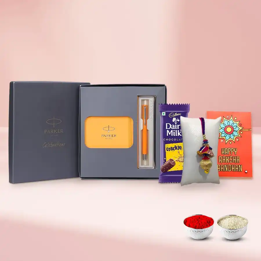 Parker Vector Fountain Gift with Zardoshi Rakhi for Bhai
