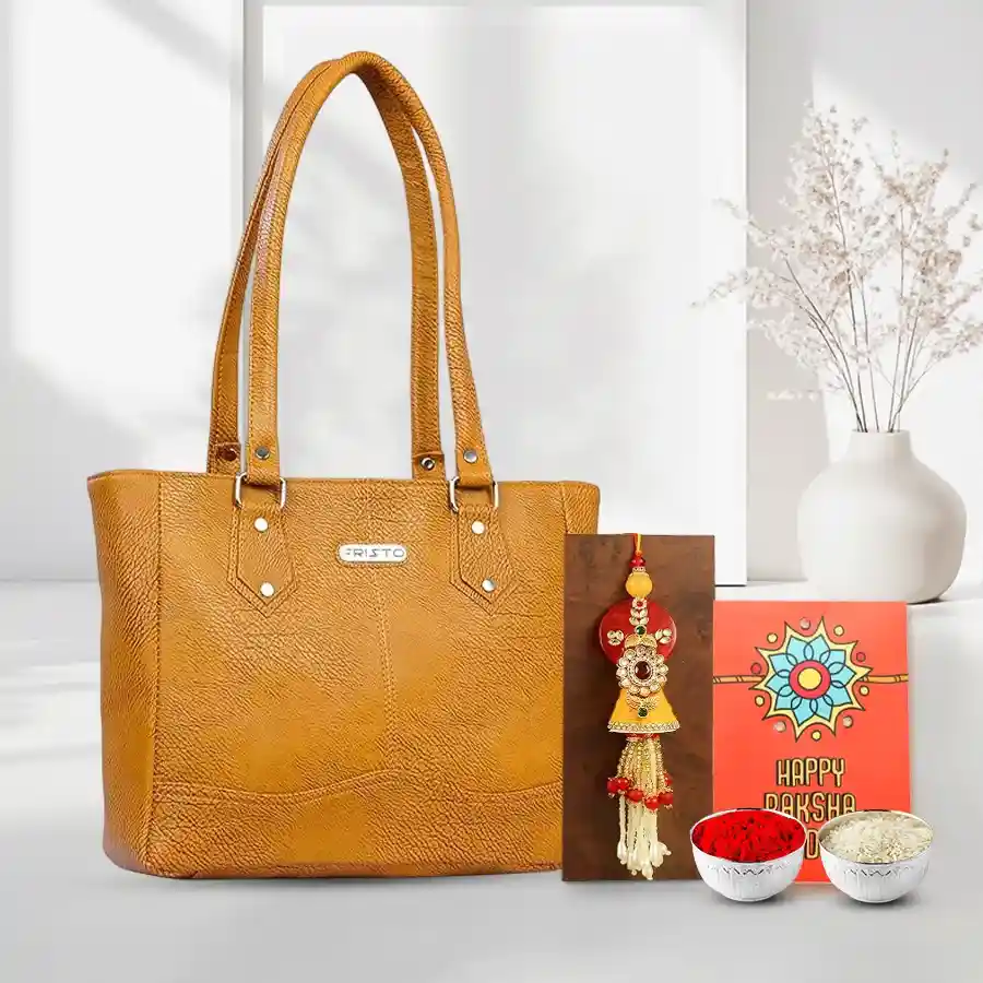 Sister Lumba Rakhi n Tan Color Leather Vanity Bag