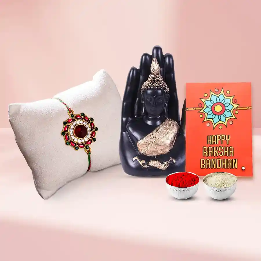 Glitzy Rakhi with Golden Handcrafted Palm Buddha