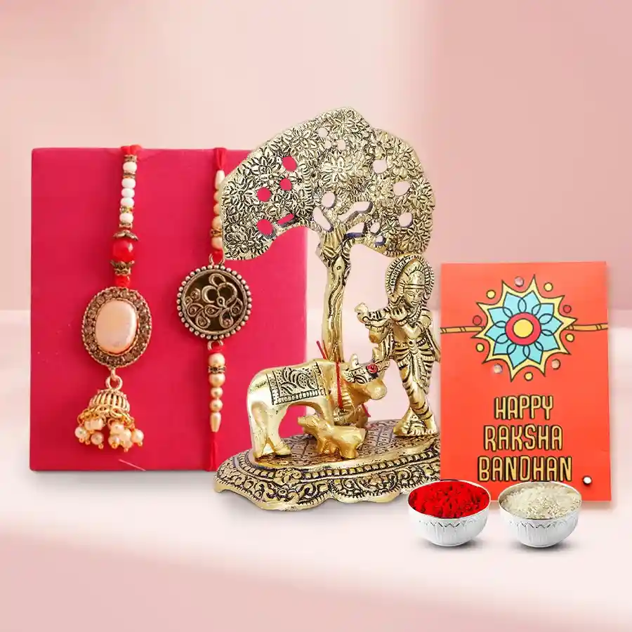 Eternal Bliss Couple Rakhi N Golden Krishna Idol