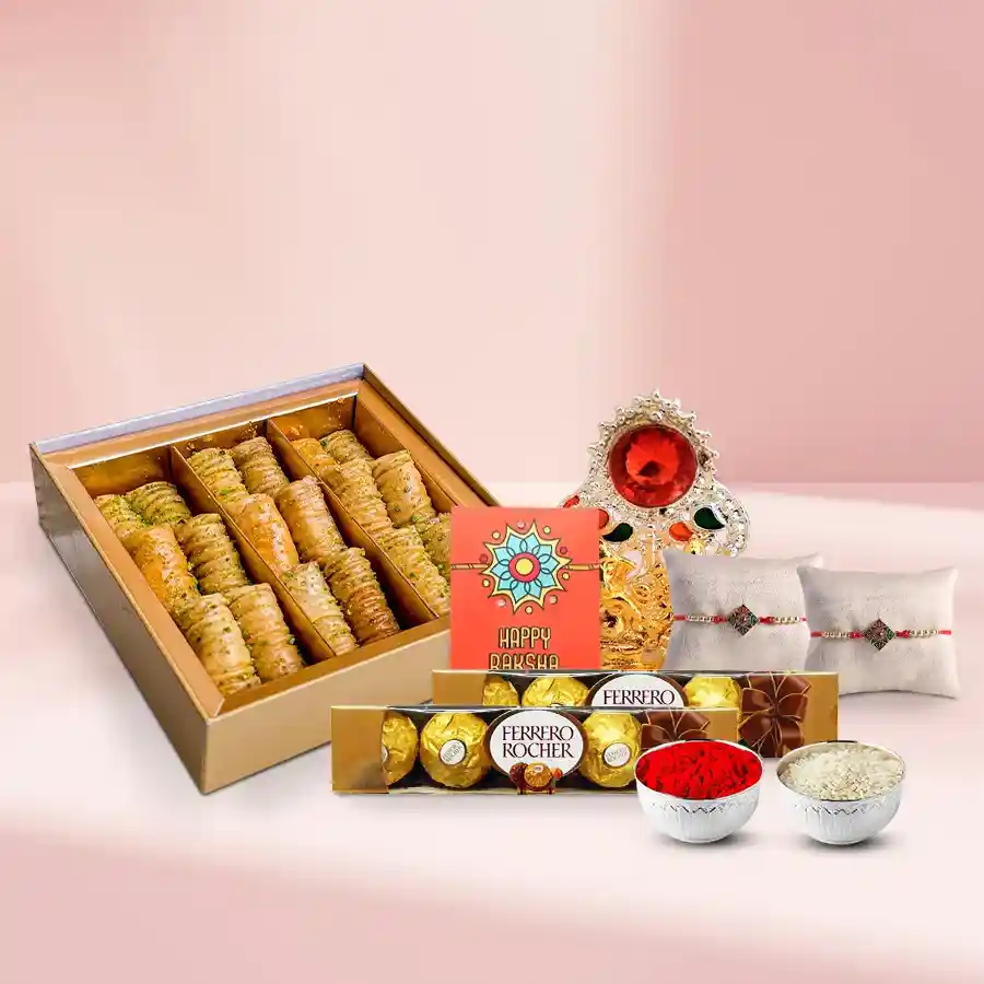 Wonder Duo Rakhi with Luscious Baklawa Rolls N Ferrero