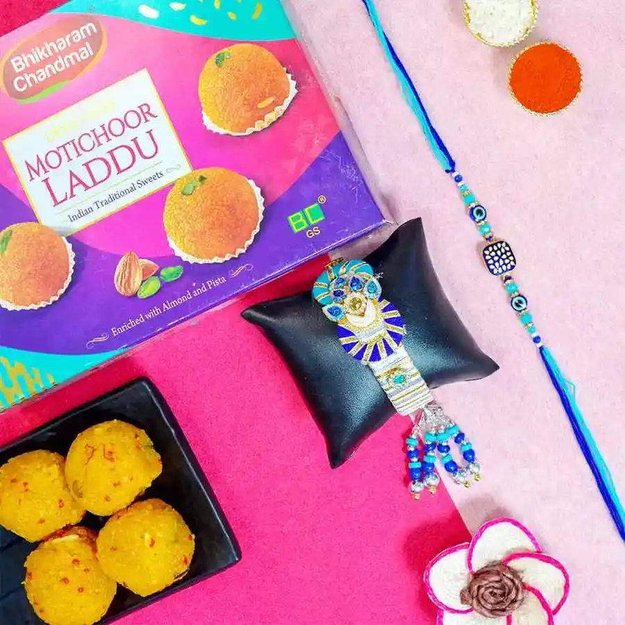 Motichoor N Evil Eye Couple Rakhi