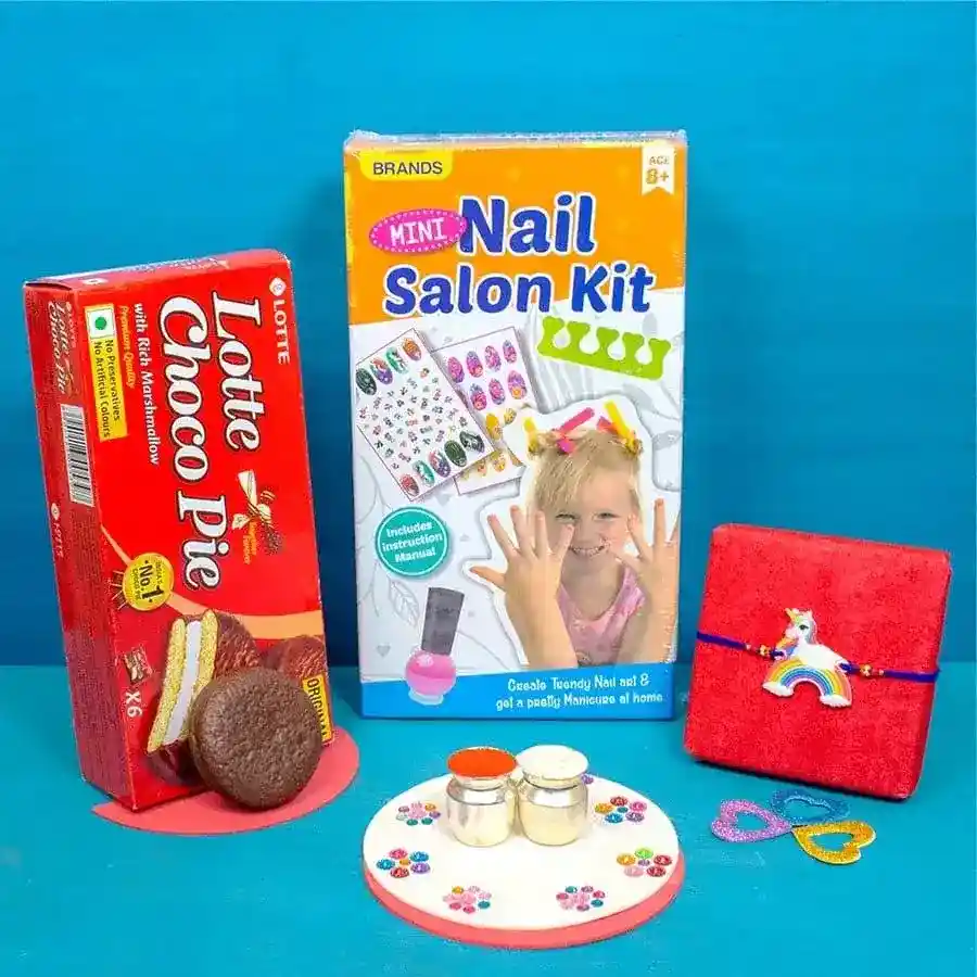 Trendsetting Nail Saloon N Unicorn Rakhi Hamper