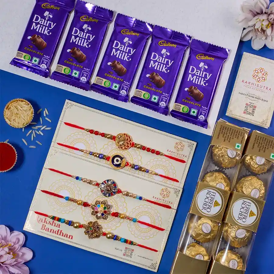 Premium 5 Rakhi Set N Chocolates Combo