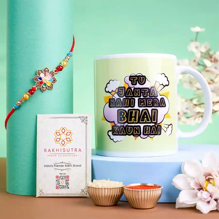 Special Kundan Rakhi N Printed Mug Duo