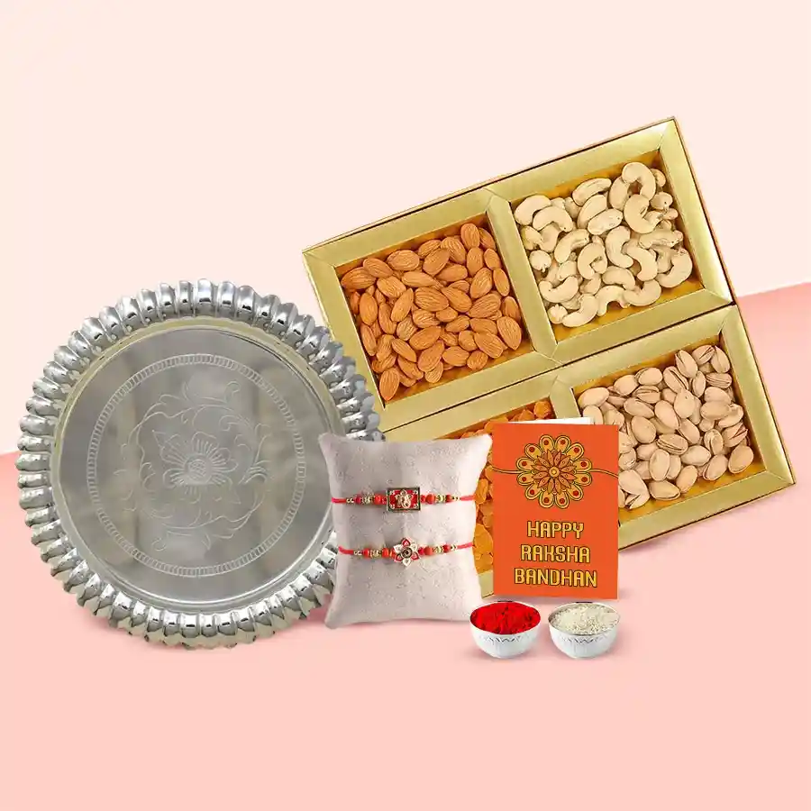 Pure Silver Thali with Dry Fruits and Two Rakhi