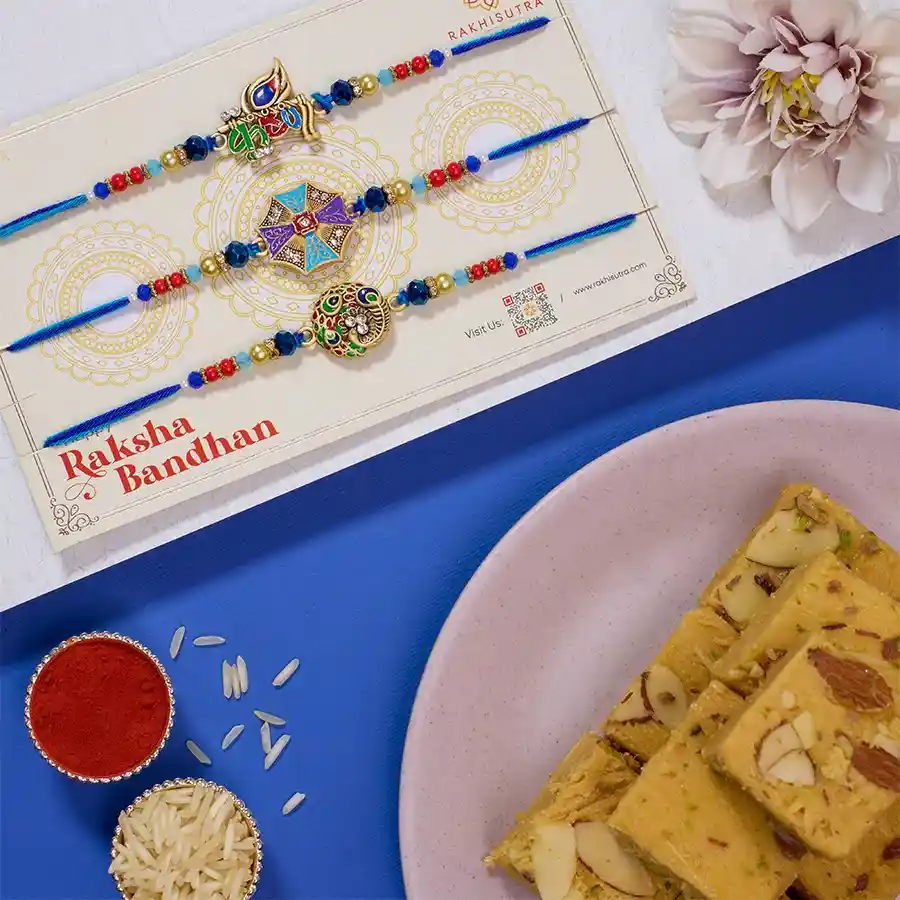 Auspicious Kundan Rakhi Set N Soan Papdi Delight