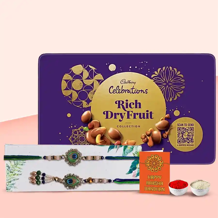 Tasty Cadbury Rich Dry Fruits Tin with Bhaiya Bhabhi Rakhi Set