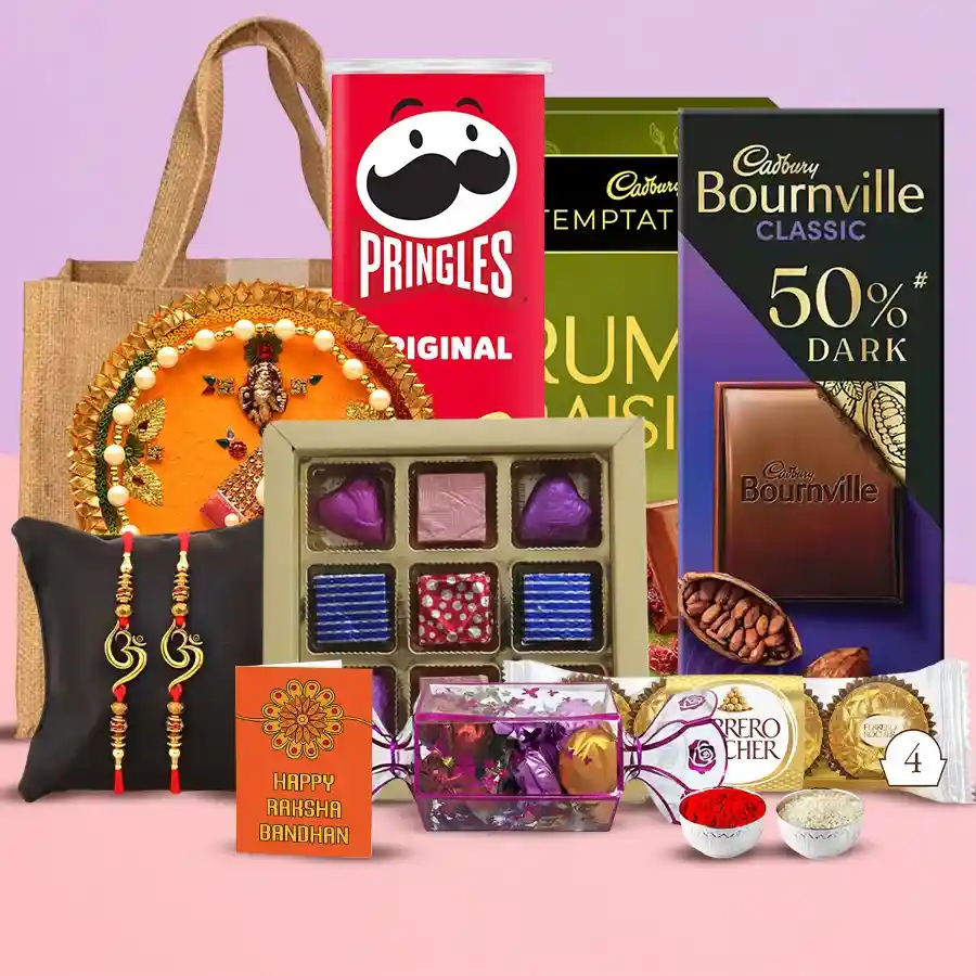 Twin Om Rakhi n Gifts with Pooja Thali