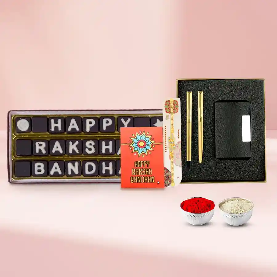 Parker Pen Set Golden Bracelet Rakhi n 27 pcs Home Made Chocolates