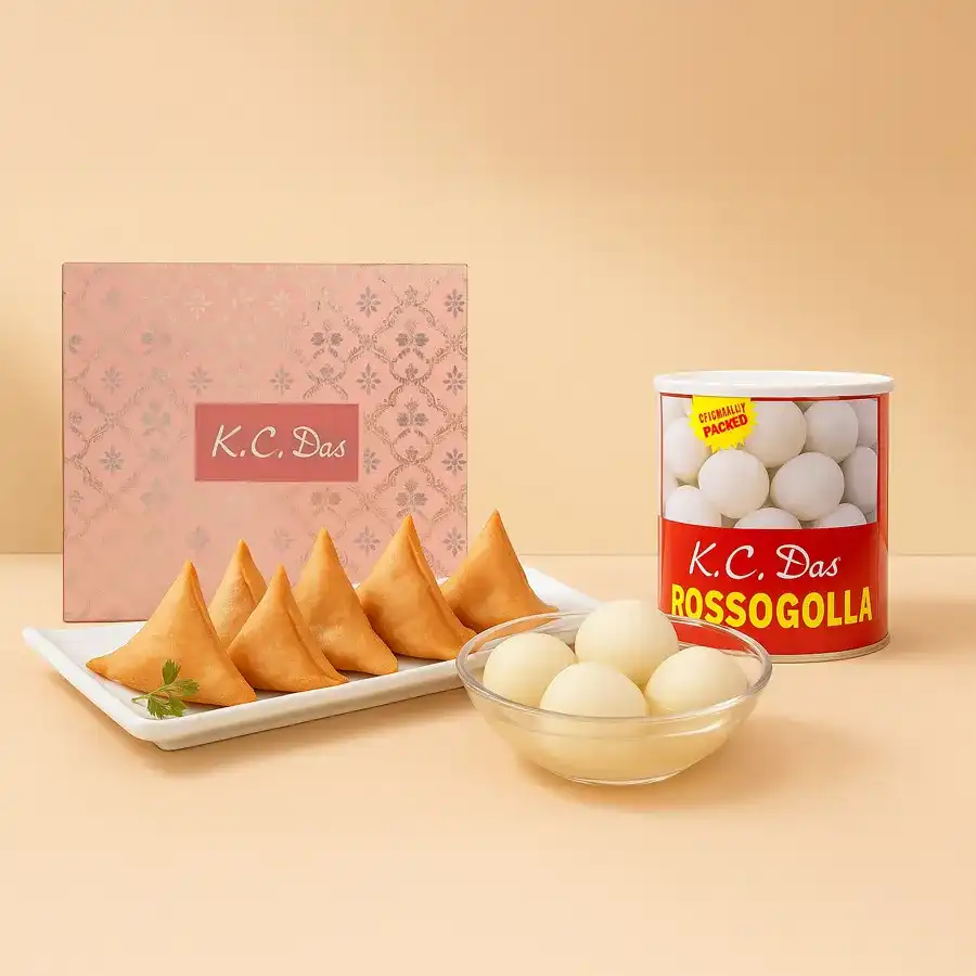 Rosogolla N Singra Bliss combo featuring canned Rosogolla and 8 pieces of savory Singra.