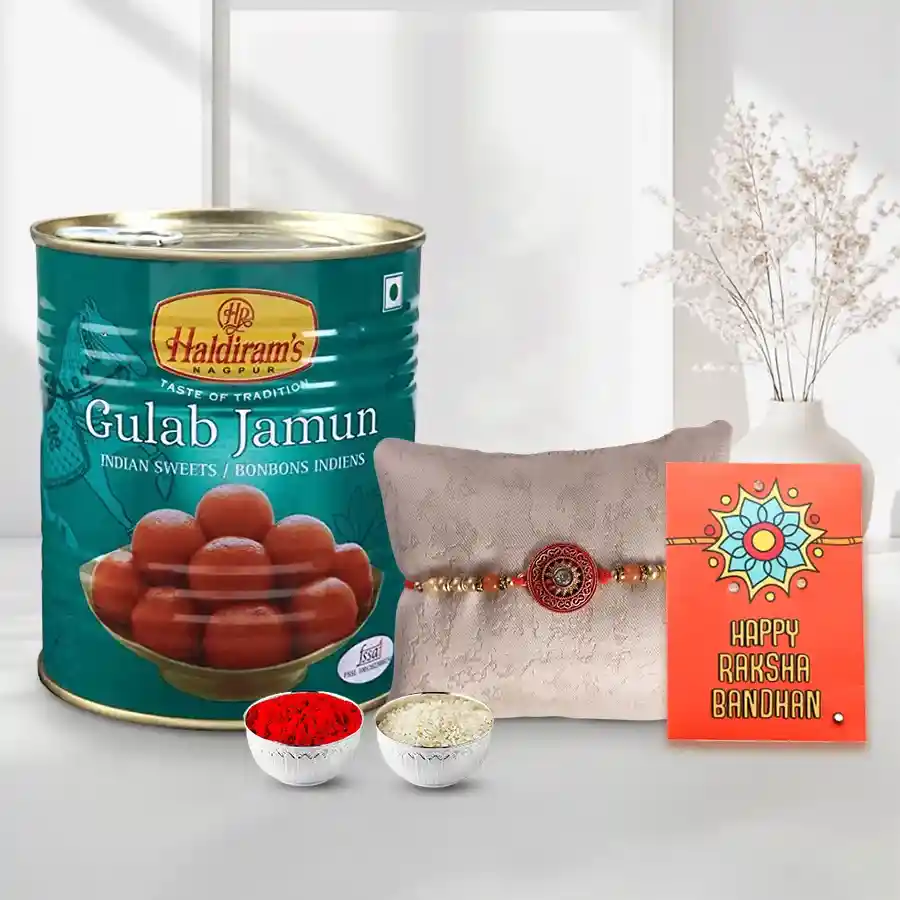 Relishing Haldiram Gulab Jamun with Free Rakhi Roli Tilak and Chawal