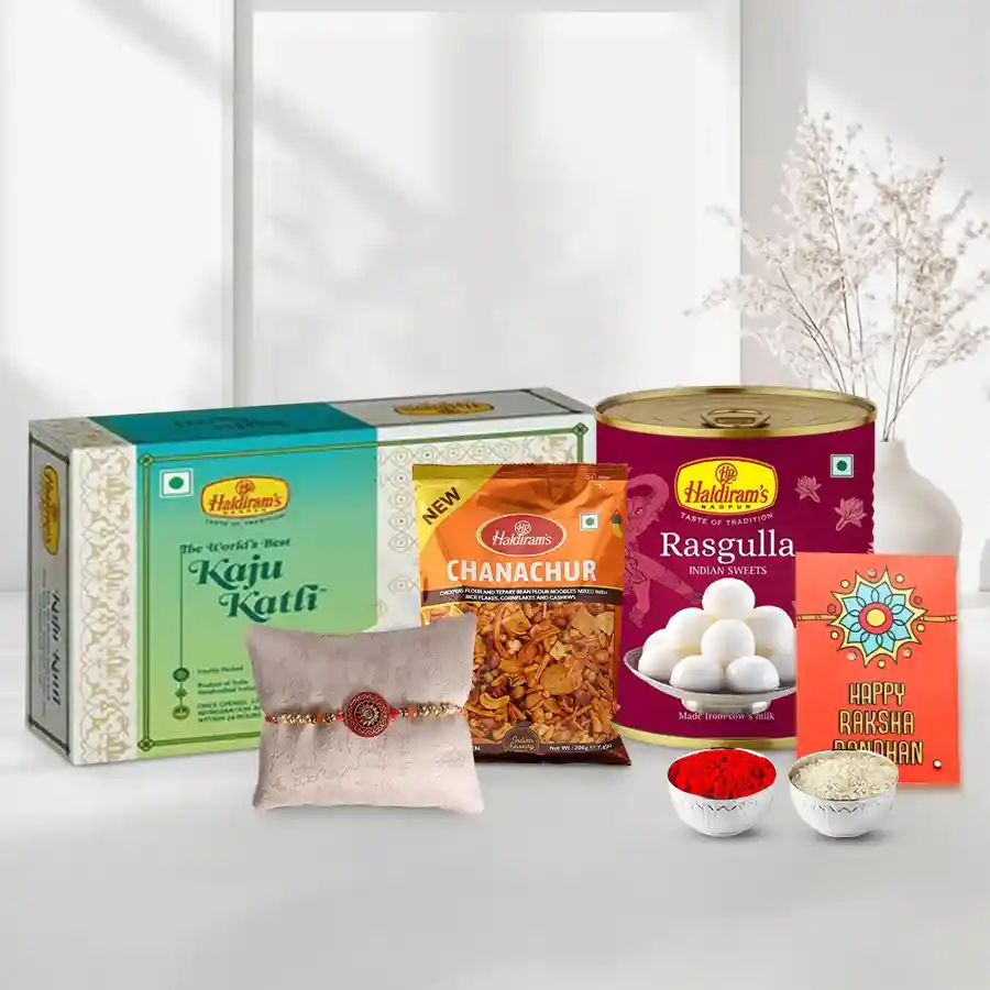Free Rakh Roli tika and Chawal along with Haldiram special sweet pack