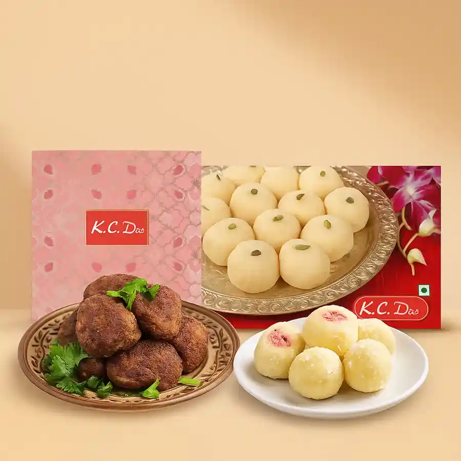 Gift box featuring Khir Kadam dessert and Veg Chop snacks, a delightful Bengali flavor combo.
