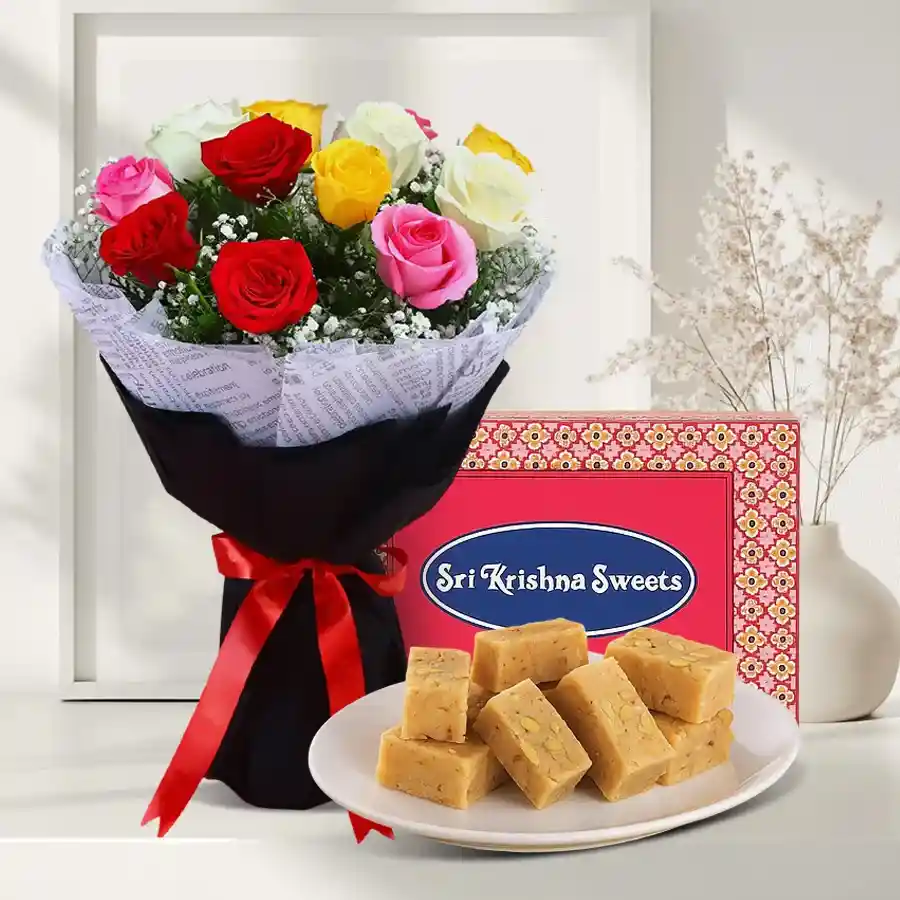 A vibrant bunch of 10 mixed roses paired with 250 grams of Mysore Pak in a delightful gift combo.