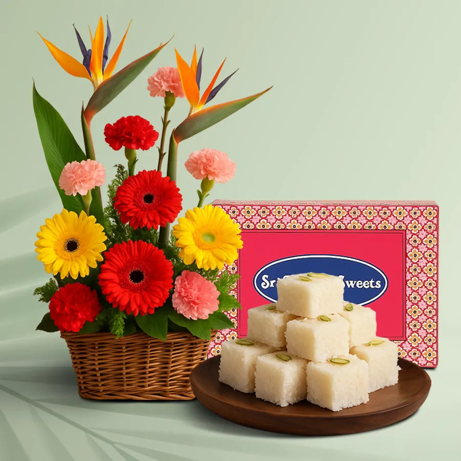 Vibrant mixed flowers arrangement with coconut barfi delight.