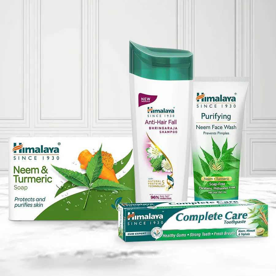Himalaya Essentials Gift Pack featuring soap, shampoo, toothpaste, and face wash for thoughtful gifting and self-care.