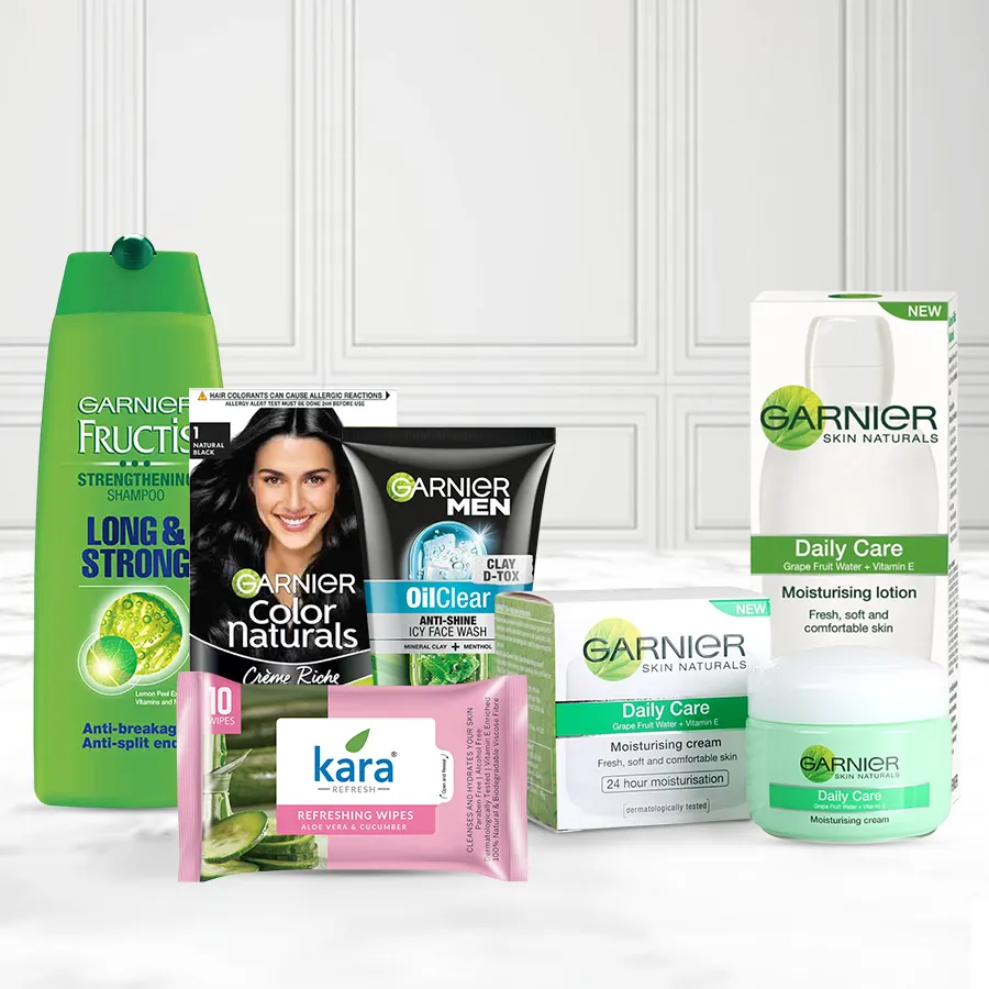 Luxurious Garnier Skin & Hair Care Hamper featuring face wash, moisturizer, shampoo, and more for a pampering experience.