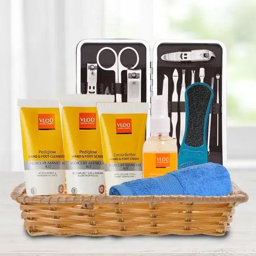 Luxurious VLCC Foot Care Gift Set in a stylish basket with foot care essentials.