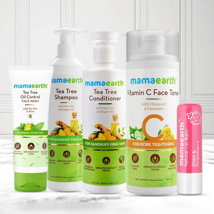 Indulgent Mama Earth Care Hamper with face wash, shampoo, conditioner, toner, and lip balm for women.
