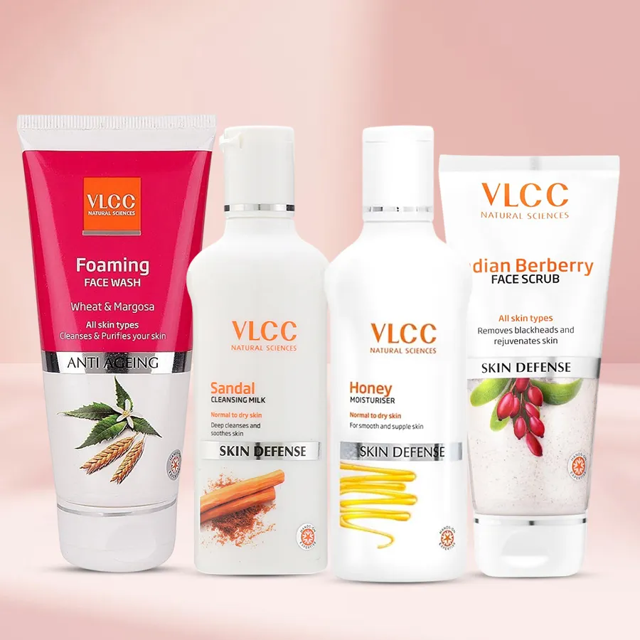 VLCC Care Hamper featuring skincare products including face wash, cleansing milk, moisturiser, and scrub for radiant skin.