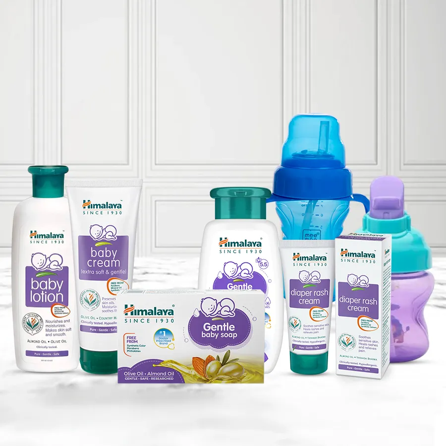 Himalaya Baby Care Gift Pack featuring lotion, creams, soap, shampoo, and a sipper cup for gentle baby care.