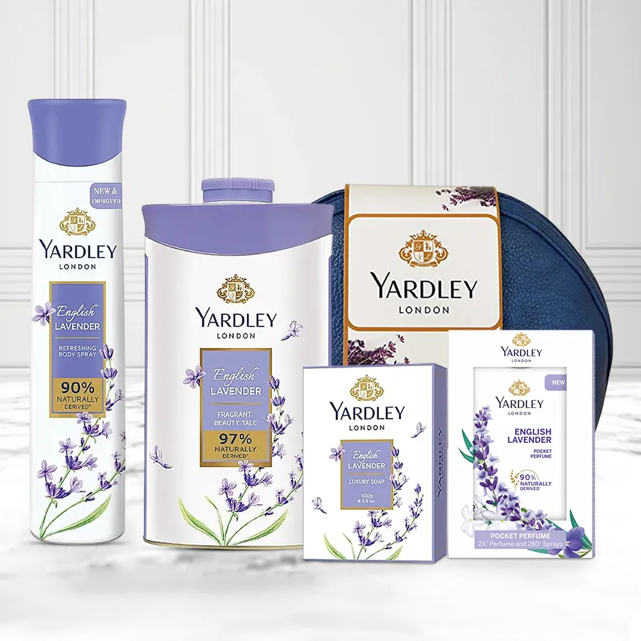 English Lavender Gift Set featuring talc, soap, body spray, and compact perfume in an elegant packaging, perfect for gifting and relaxation.
