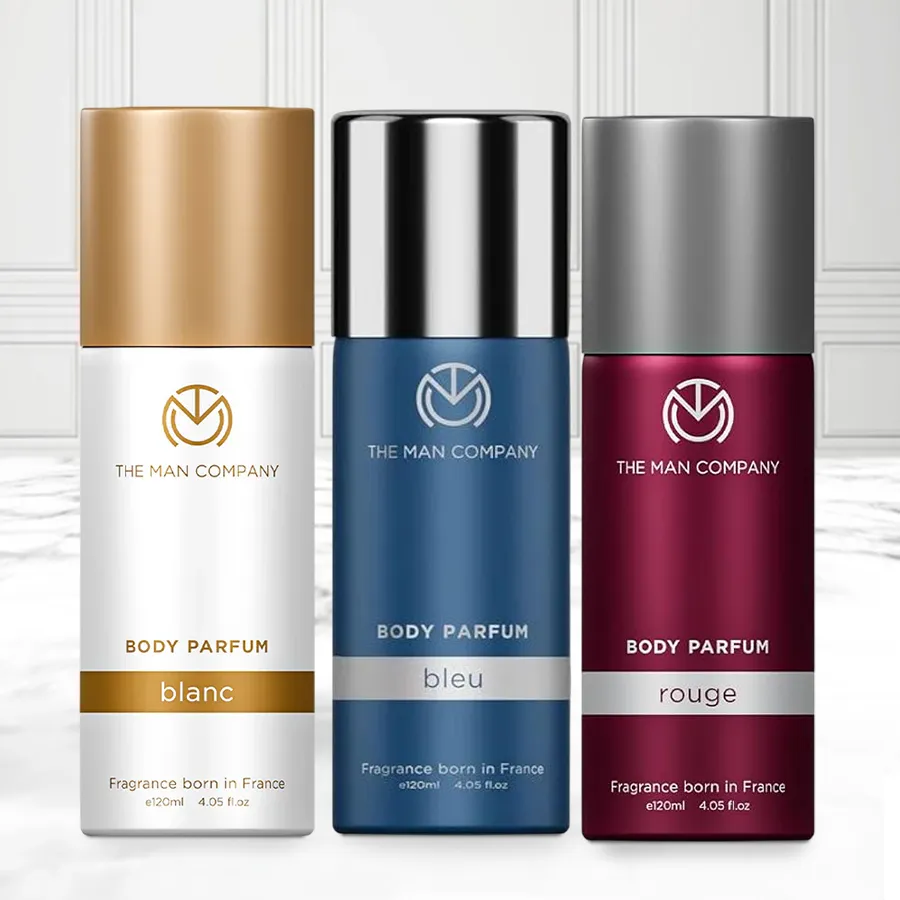 Wonderful The Man Company Body Perfume Trio Deodorant Set for Men featuring Blanc, Bleu, and Rouge fragrances in 120 ml bottles.