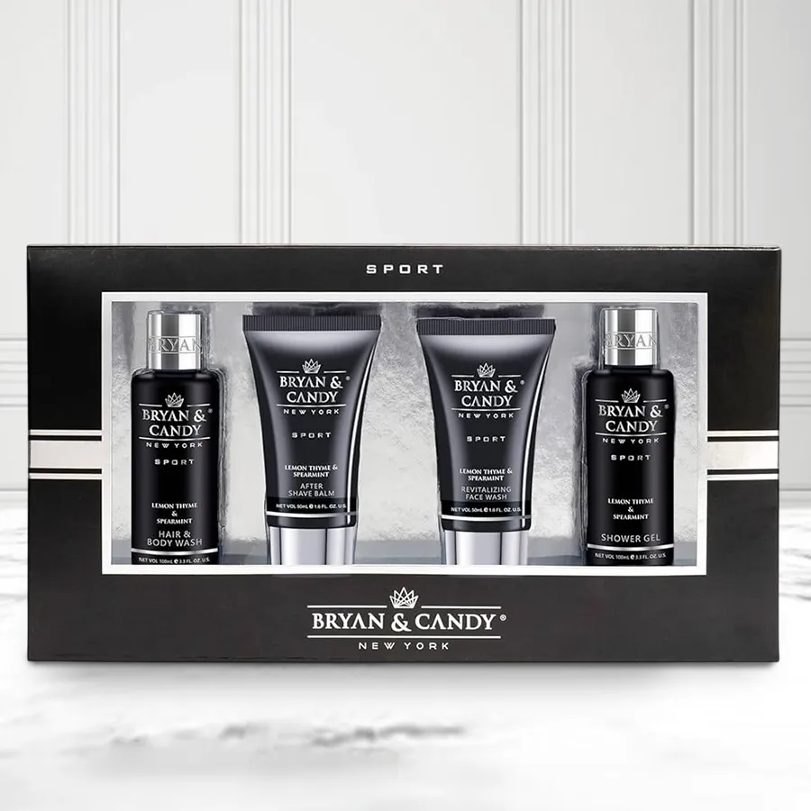 Luxurious Lemon Thyme Gift Set featuring shower gel, face wash, after-shave balm, and hair & body wash.