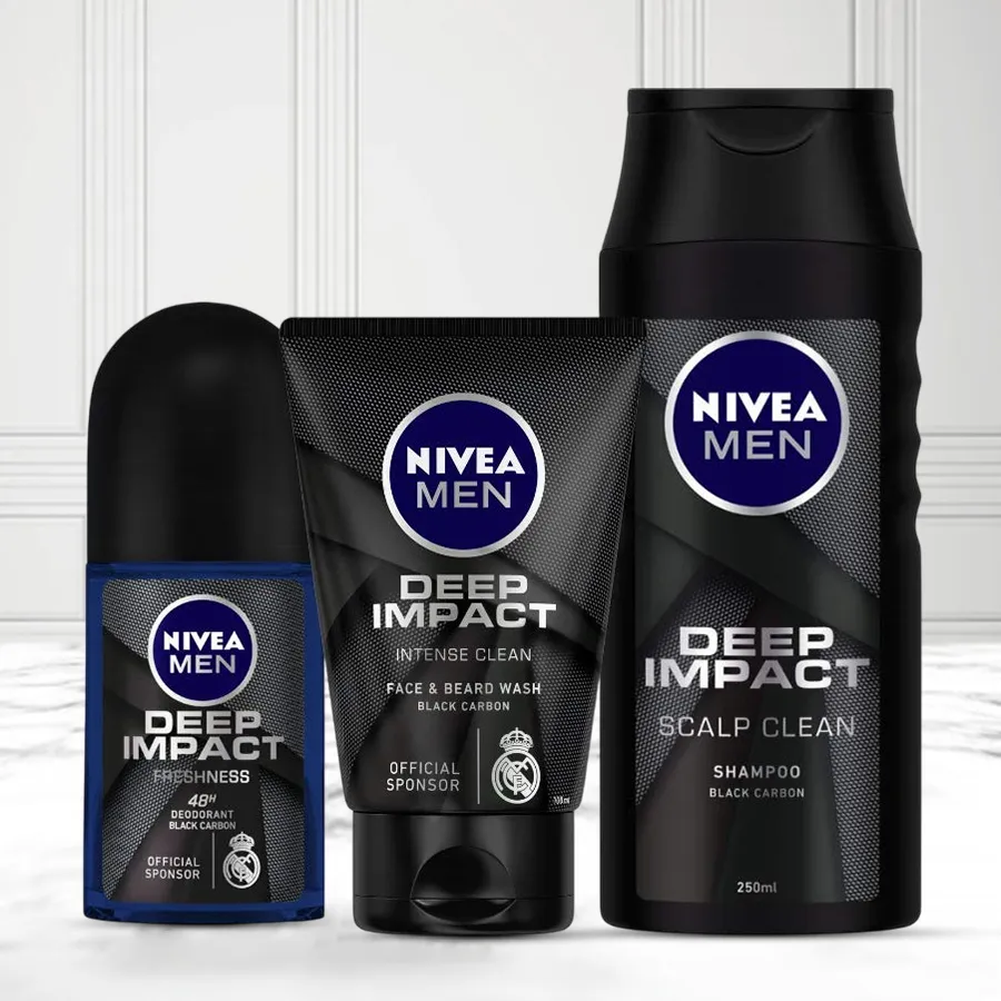 Nivea Men Deep Impact Gift Set featuring roll on, face wash, and shower gel for a complete grooming experience.