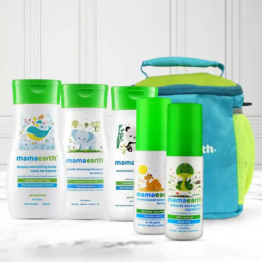 Mamaearth Complete Care Kit for Babies with baby wash, shampoo, lotion, sunscreen, repellent, and waterproof bag.