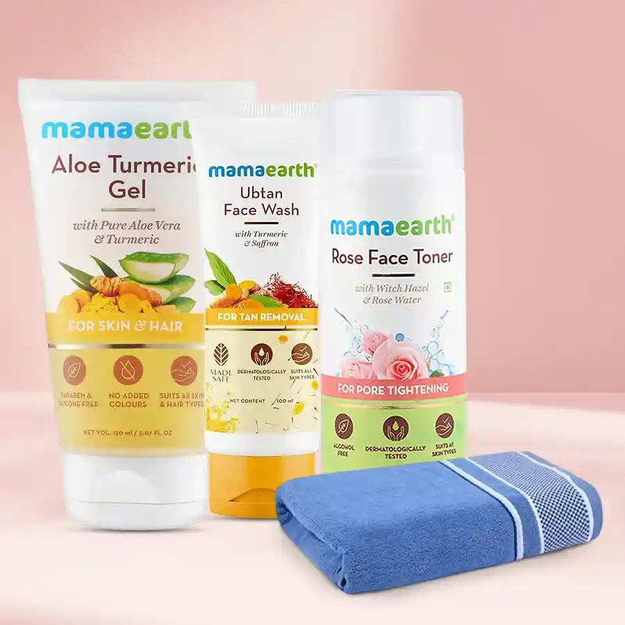 Radiant Mamaearth Face Care Kit with scrub, toner, gel, towel, and toiletry kit for skin and hair care.