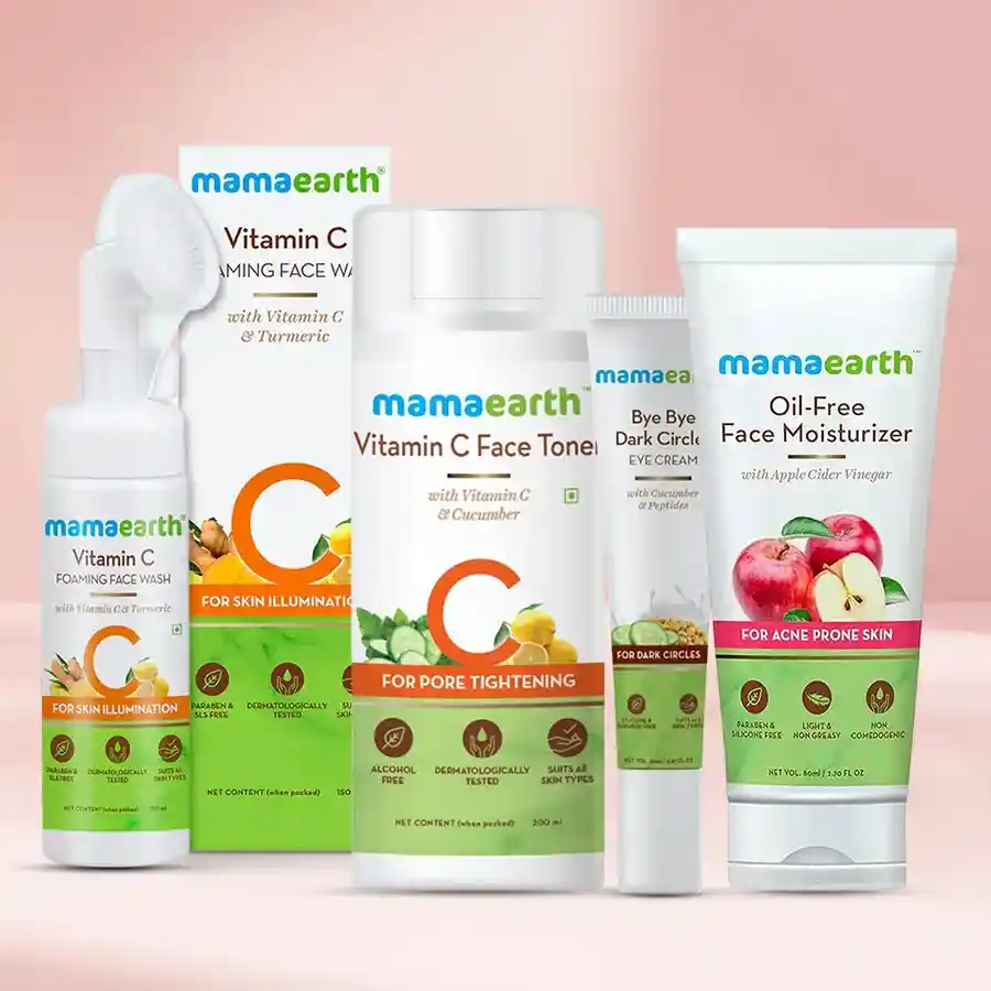 Mamaearth Face Care Gift Set featuring toner, eye cream, moisturizer, and foaming face wash for healthy skin.