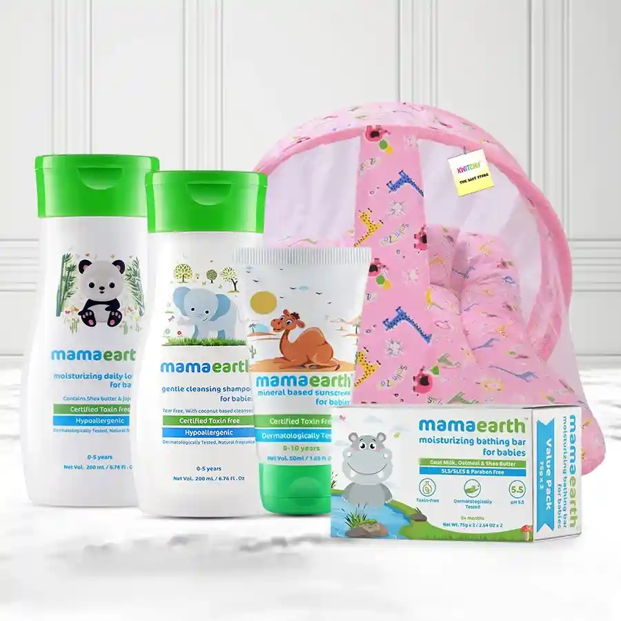 Affectionate New Born Baby Care Gift Hamper with bedding set and Mamaearth products.