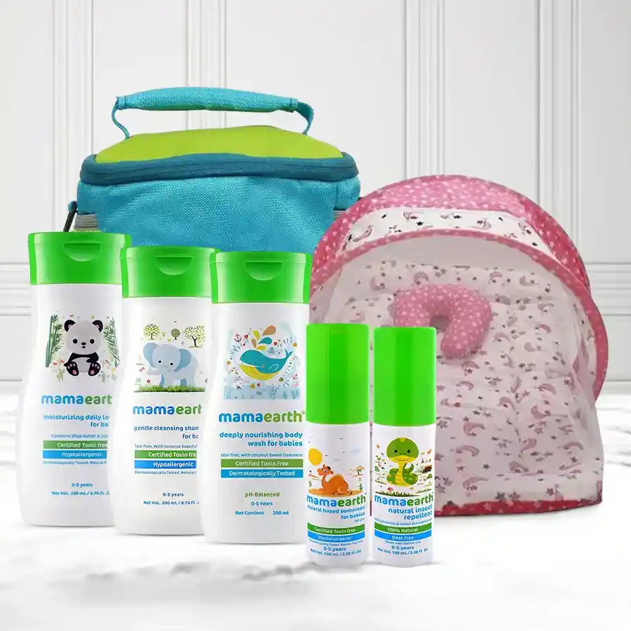 Luxurious Newborn Care Hamper featuring soft mattress, baby care kit, and waterproof bag, ideal for new parents and their babies.
