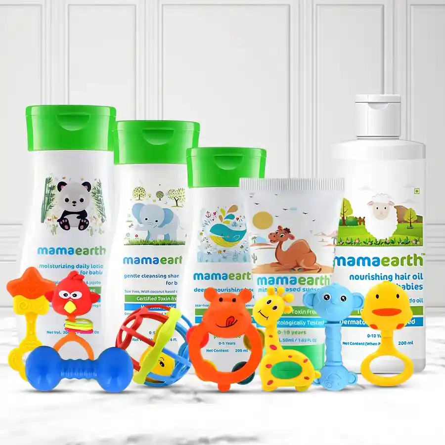 Joyful Newborn Essentials Gift Set featuring baby rattles, lotions, and shampoos designed to nurture and delight infants up to 5 years old.