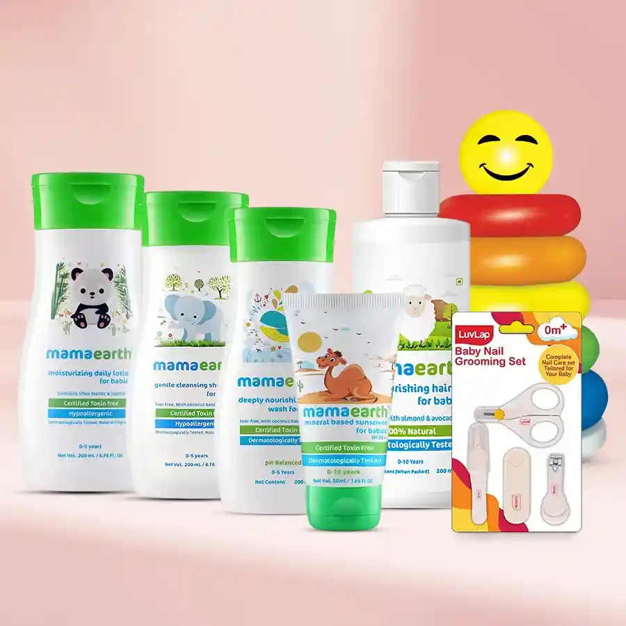 Joyful Newborn Care Gift Set featuring Mamaearth products, colorful Junior Ring, and baby grooming tools, ideal for nurturing and pampering babies.
