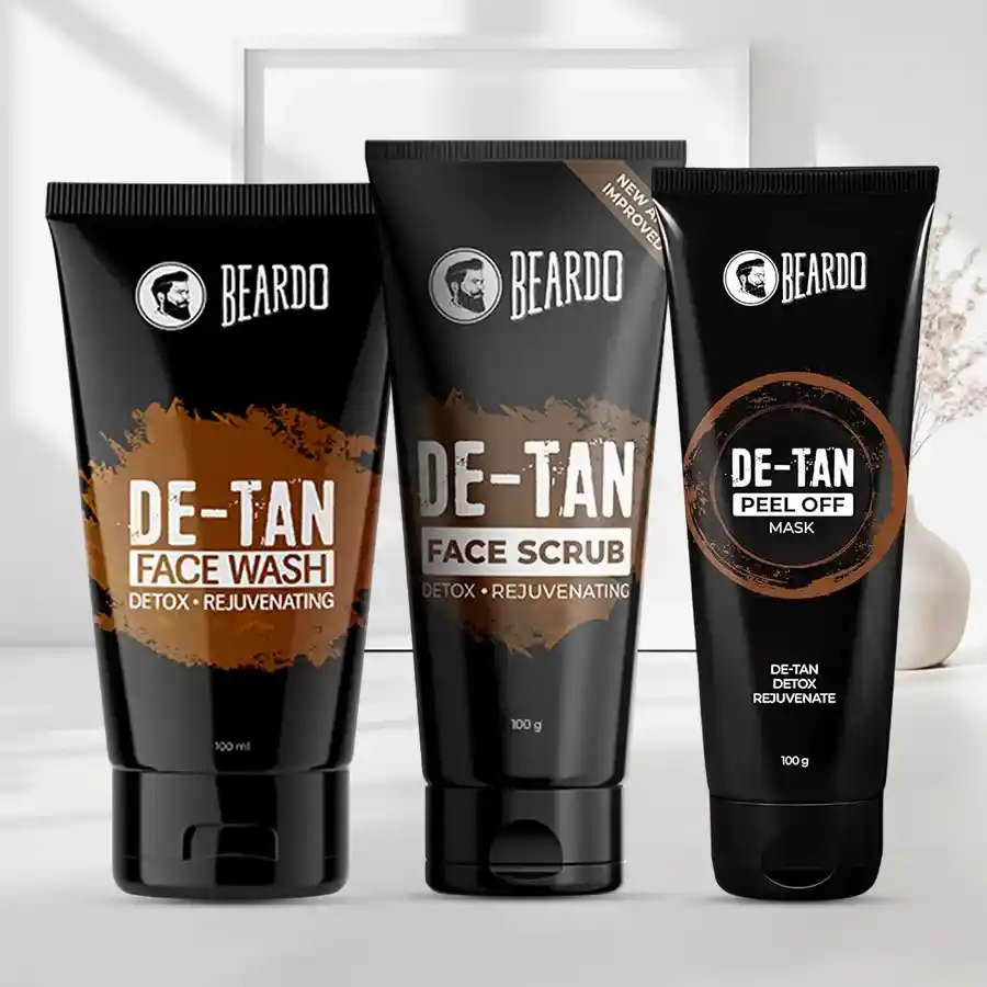 Beardo Ultimate Summer Care Essentials trio for radiant skin, including de-tan face wash, scrub, and peel-off mask.