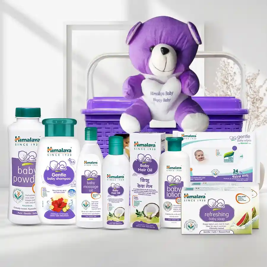 Adorable Kids Skincare Gift Set from Himalaya with teddy bear, featuring baby skincare products and a gift basket.