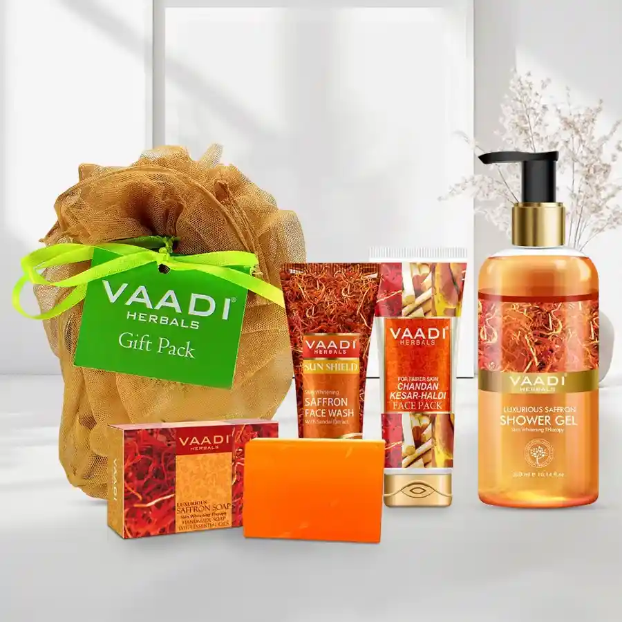 Marvelous Saffron Skin Whitening Gift Set from Vaadi Herbals, including soap, face wash, face pack, and shower gel for radiant skin.