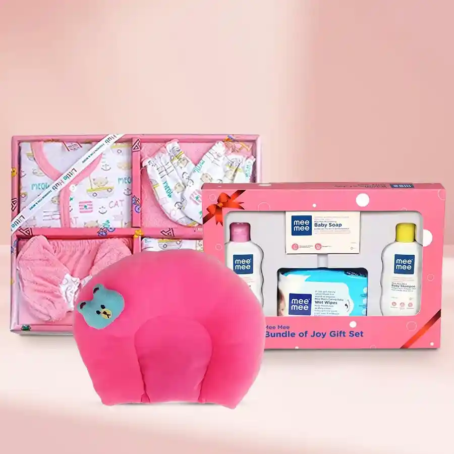 Complete Newborn Baby Gift Set featuring clothing, a gift set, and a supportive pillow in a charming pink theme.