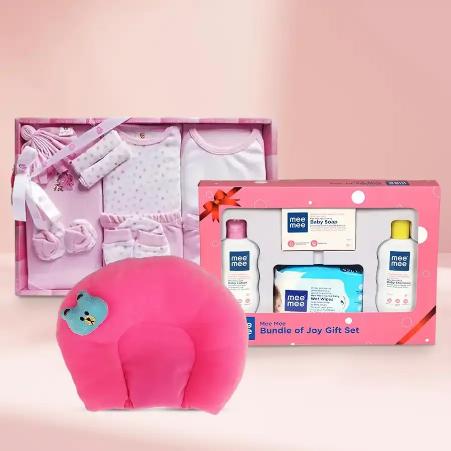 Adorable Newborn Essentials Gift Set featuring pink baby clothes, a soft neck pillow, and a Mee Mee Bundle of Joy set for infants and toddlers.