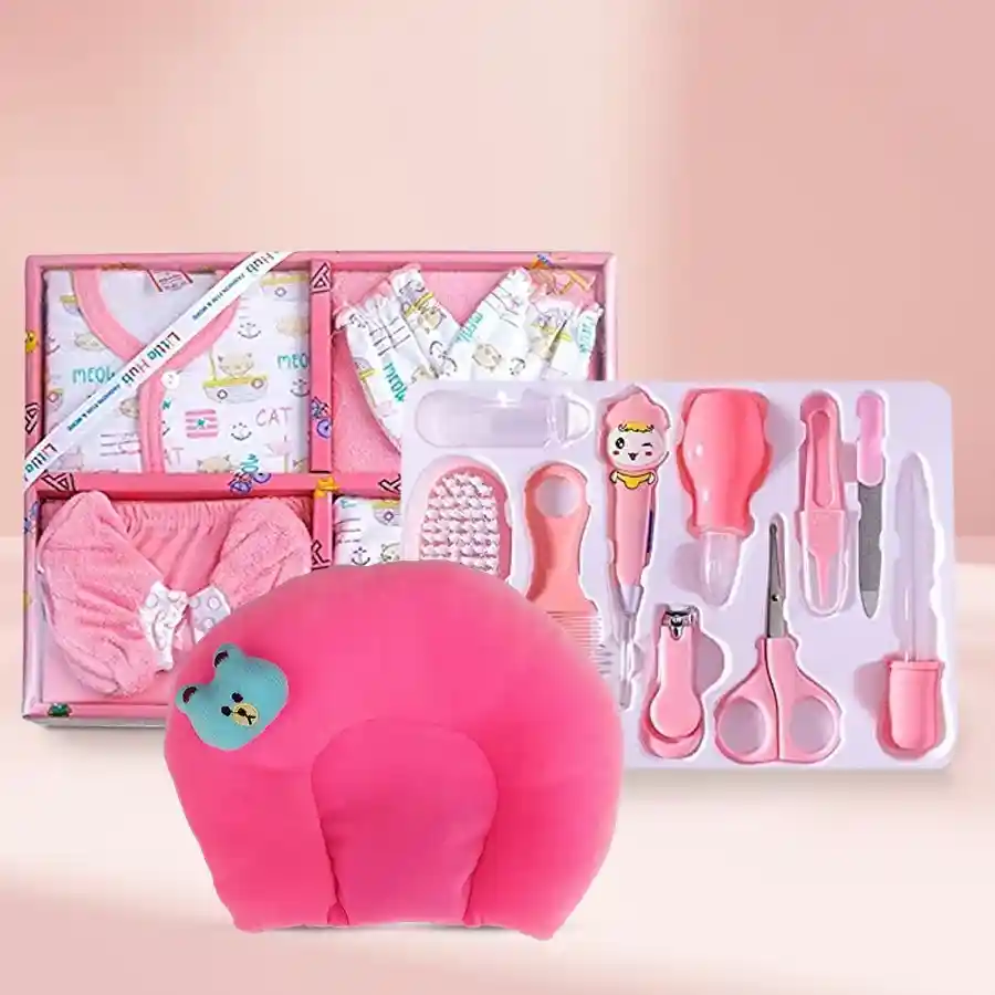Adorable Newborn Essentials Gift Kit including a 6-piece dress set, grooming kit, and soft neck pillow for infants aged 0-3 months.