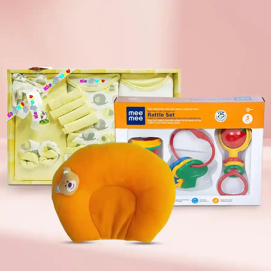 Yellow Dress and Rattle Gift Set for babies, including a cotton dress set, neck supporting pillow, and colorful Mee Mee rattles.