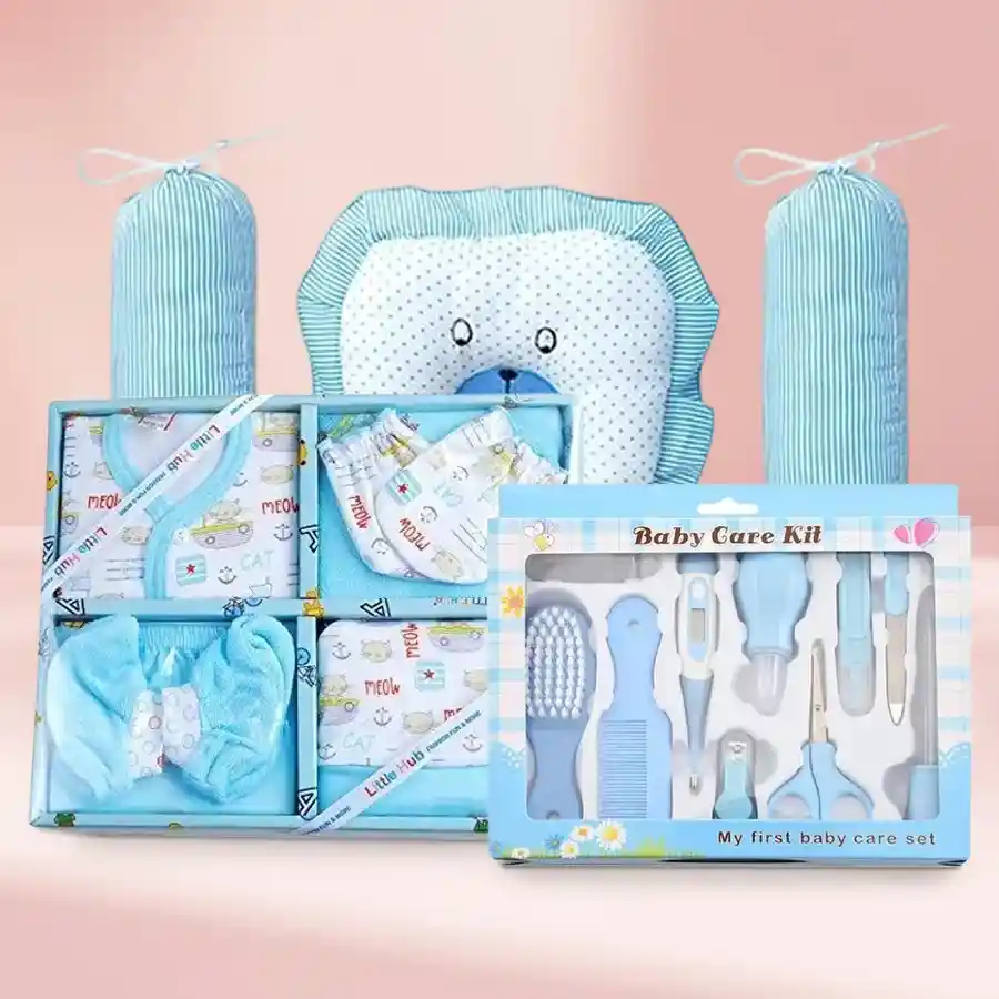 Adorable Baby Clothing & Grooming Set featuring a blue 6-piece outfit, grooming kit, and cotton head pillow for infants and new parents.