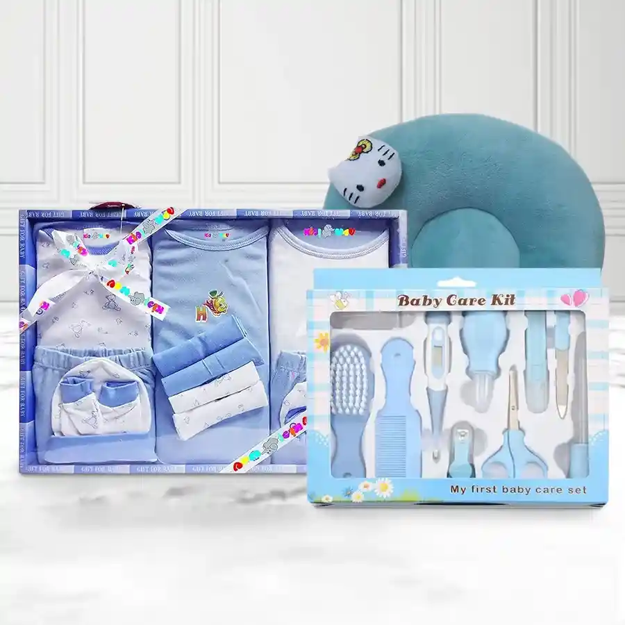 Adorable Newborn Boy Gift Set featuring a blue dress set, grooming kit, and soft sea-green neck pillow for newborn comfort and care.