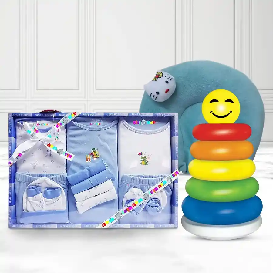 Adorable Baby Dress Set Combo featuring blue dresses, a colorful Junior Ring, and a soft sea-green neck supporting pillow for infants.