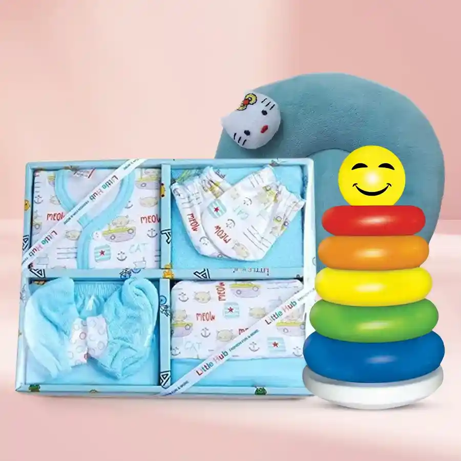 Adorable newborn dress set combo featuring a blue outfit, multicolored toy, and sea-green neck pillow, perfect for infants 0-3 months.